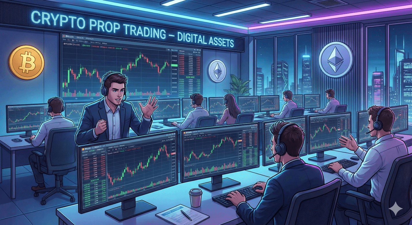 فضای داخلی یک شرکت پراپ تریدینگ دارایی‌های دیجیتال (Crypto Prop Trading) با تریدرهای حرفه‌ای و لوگوهای بیت‌کوین و اتریوم.