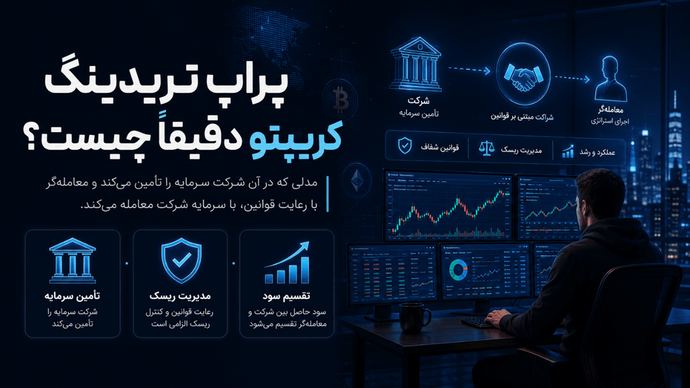 بنر معرفی پراپ تریدینگ کریپتو و توضیح مدل تأمین سرمایه شرکت، مدیریت ریسک و تقسیم سود بین معاملهگر و پراپ فرم
