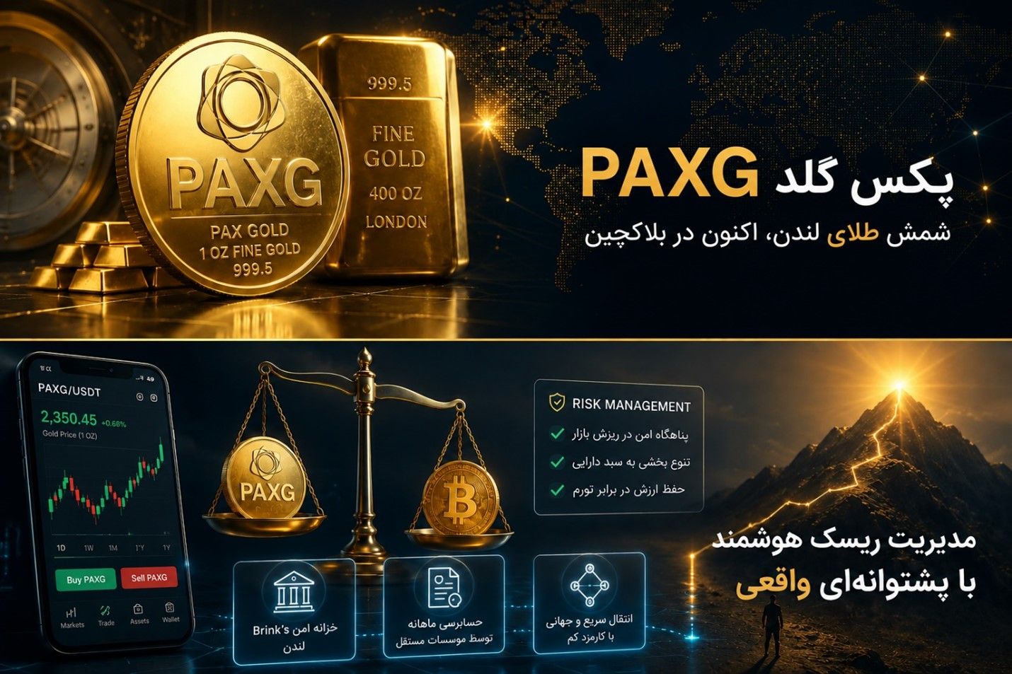 اینفوگرافیک مزایای پکس گلد (PAXG) شامل مدیریت ریسک، ترازوی مقایسه با بیت کوین و پشتوانه شمش طلای لندن